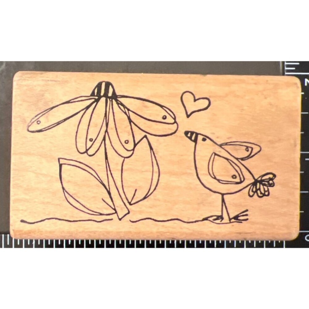 Flower & Bird Rubber Stamp On Wooden Block Made In Canada By Magenta